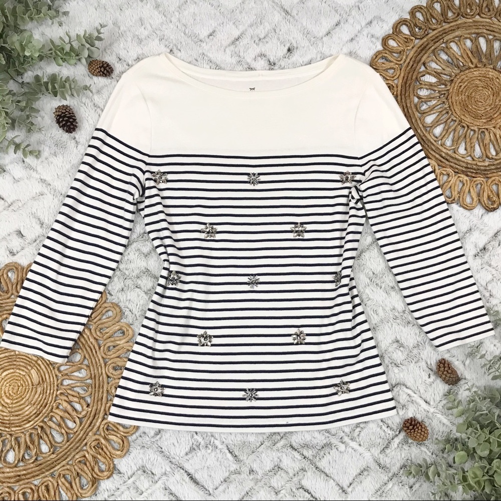 Talbots White & Black Stripe Jewel Embellished Top